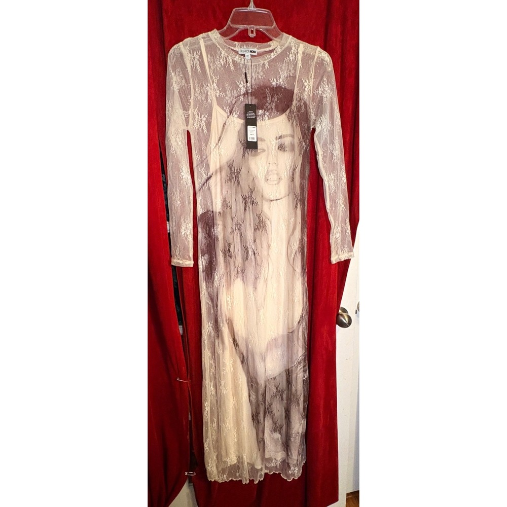 Fashion Nova Clara Lace Graphic Maxi Dress Women's Medium Cream Sheer Portrait